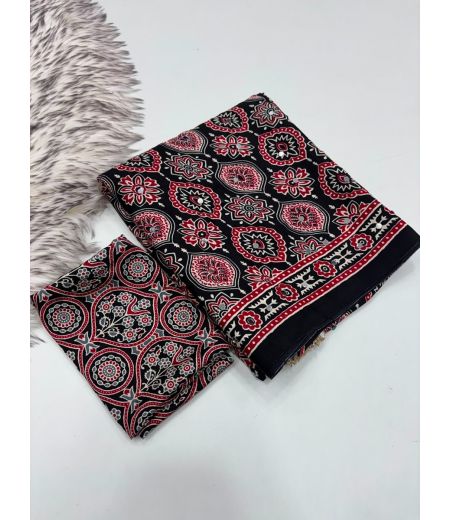 DB1188 Soft Sartin Viscose Silk Ajrakh Printed Mirror Work Sarees.