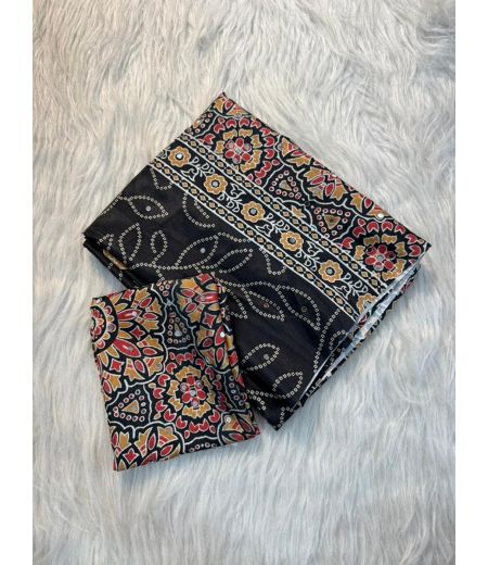 DB1184 Soft Crape Silk Ajrakh Printed Mirror Work Celebrity Inspired Sarees.