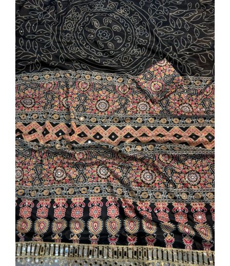 DB1184 Soft Crape Silk Ajrakh Printed Mirror Work Celebrity Inspired Sarees.