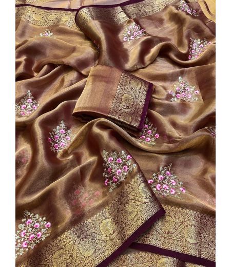 DB1190  Soft Sattin Tissue Silk Sequence Emboridary Work Celebrity Inspired Sarees.