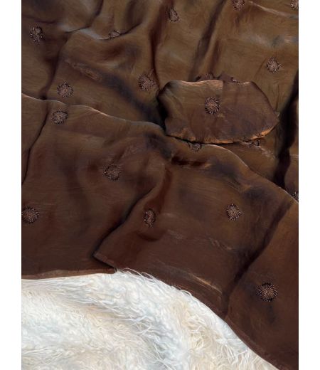 DB1199 Soft Sattin Space Silk Dark Coffee Colour Embroidery Thread Work Sarees.