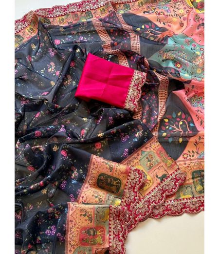 DB1214 Soft Dola Banarasi Silk Digital Printed Sarees with Designer Lace Border. 