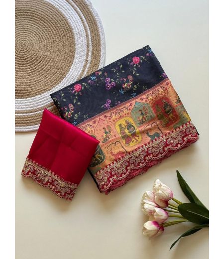 DB1214 Soft Dola Banarasi Silk Digital Printed Sarees with Designer Lace Border. 