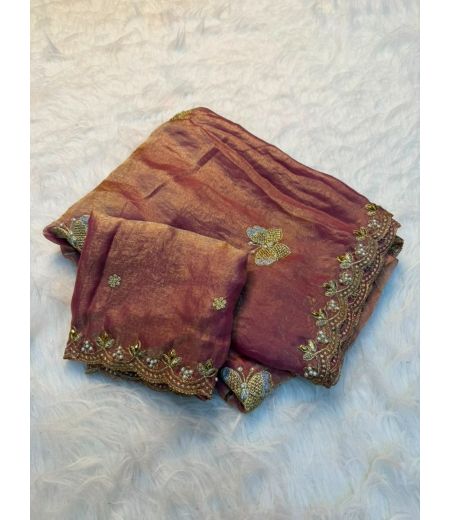 DB1217 Soft Sattin Silk Diamond Embroidery Work Celebrity Inspired Sarees.