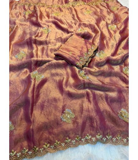 DB1217 Soft Sattin Silk Diamond Embroidery Work Celebrity Inspired Sarees.